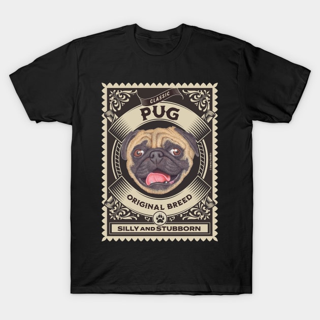 Cute and funny Pug dog on round stamp T-Shirt by Danny Gordon Art